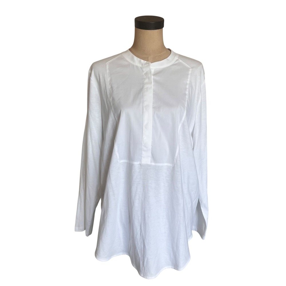 Chicos Knit Poplin Tunic Top White Alabaster Mixed Media Long Sleeve Size 3 XL